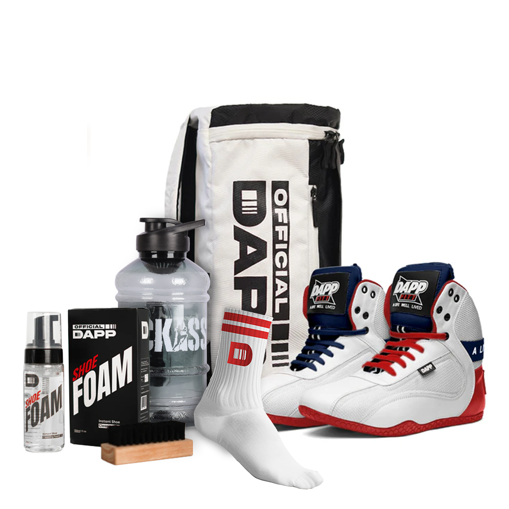 DAPP ActiveKit ATHLETE Edition WhiteRed – Weightlifting Shoes, Belt, Gloves, Bag, Socks, Foam Cleaner kit, Gallon