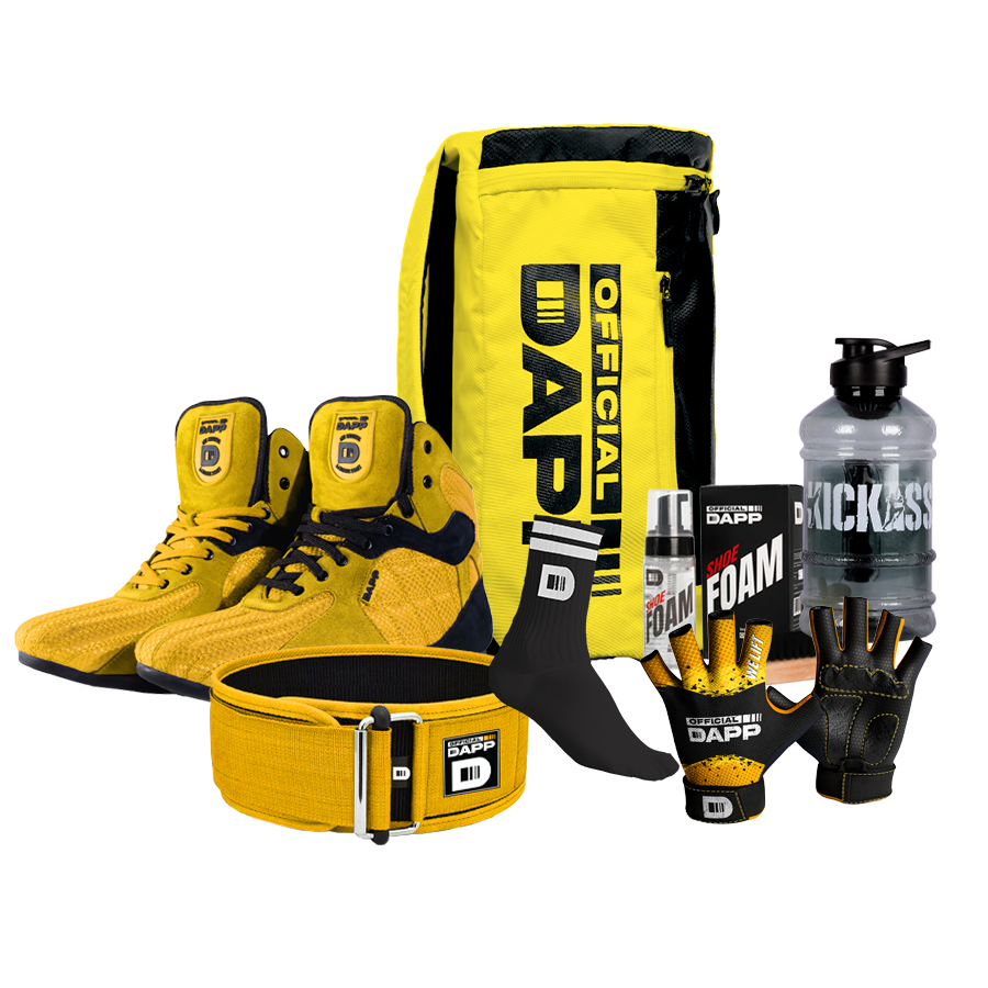 DAPP ActiveKit ATHLETE PRO Edition YellowBlack – Weightlifting Shoes, Belt, Gloves, Bag, Socks, Foam Cleaner kit, Gallon