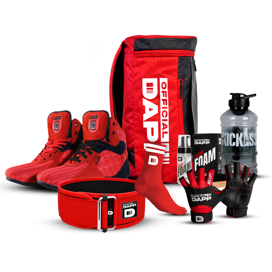 DAPP ActiveKit ATHLETE PRO Edition Red – Weightlifting Shoes, Belt, Gloves, Bag, Socks, Foam Cleaner kit, Gallon