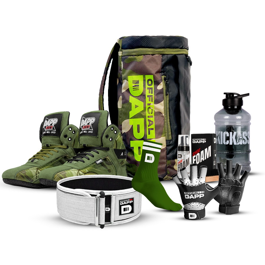 DAPP ActiveKit ATHLETE Edition Camo – Weightlifting Shoes, Belt, Gloves, Bag, Socks, Foam Cleaner kit, Gallon