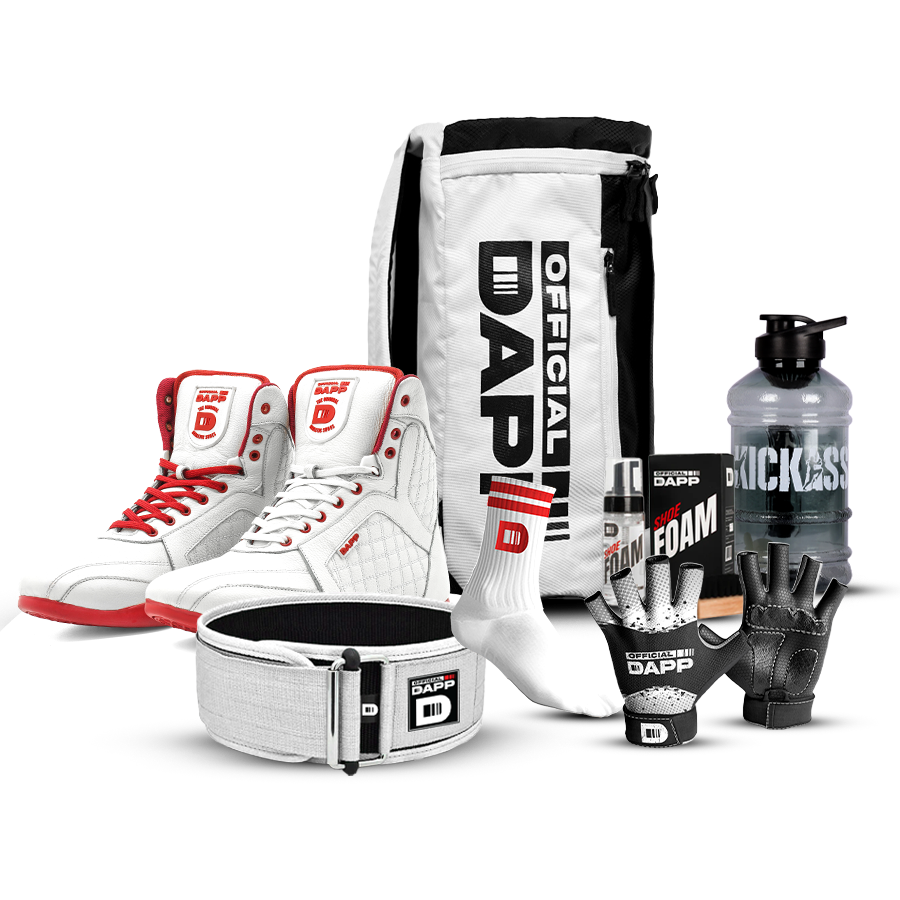 DAPP ActiveKit LUXE Edition White – Weightlifting Shoes, Belt, Gloves, Bag, Socks, Foam Cleaner kit, Gallon