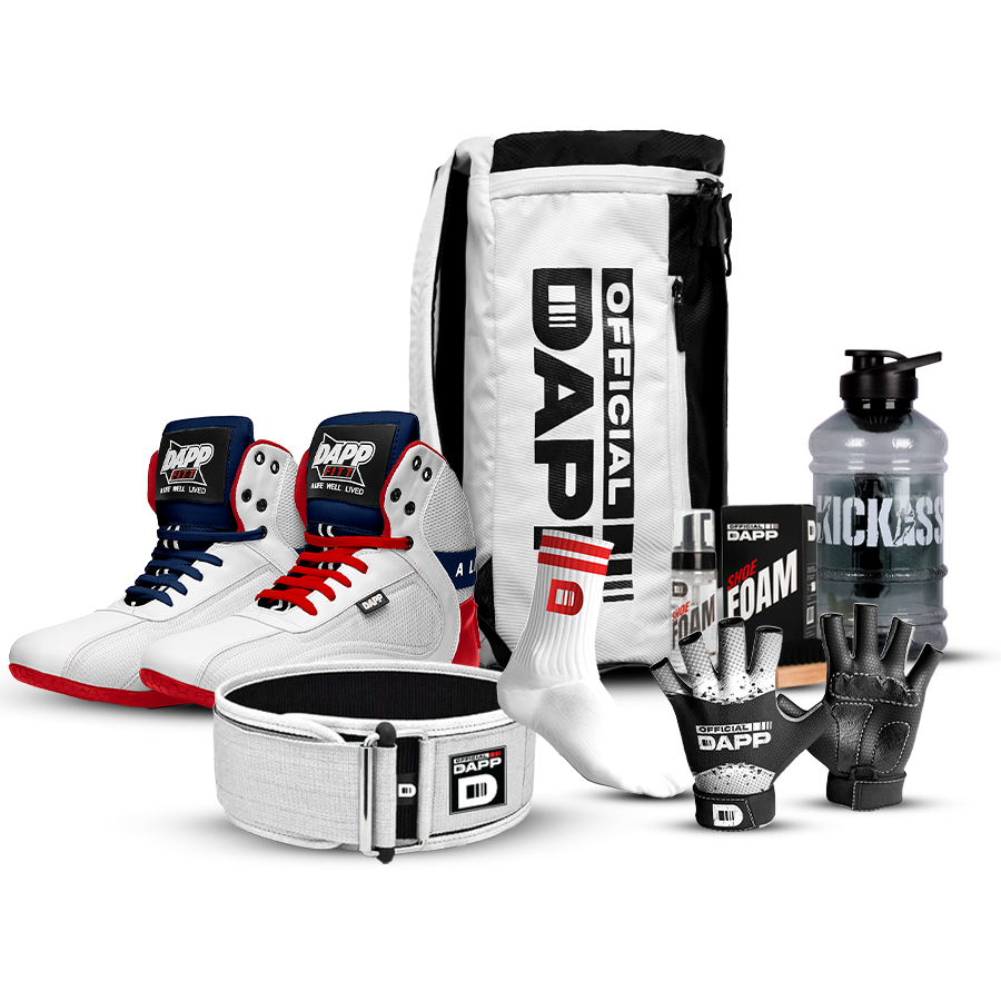 DAPP ActiveKit ATHLETE Edition WhiteRed – Weightlifting Shoes, Belt, Gloves, Bag, Socks, Foam Cleaner kit, Gallon