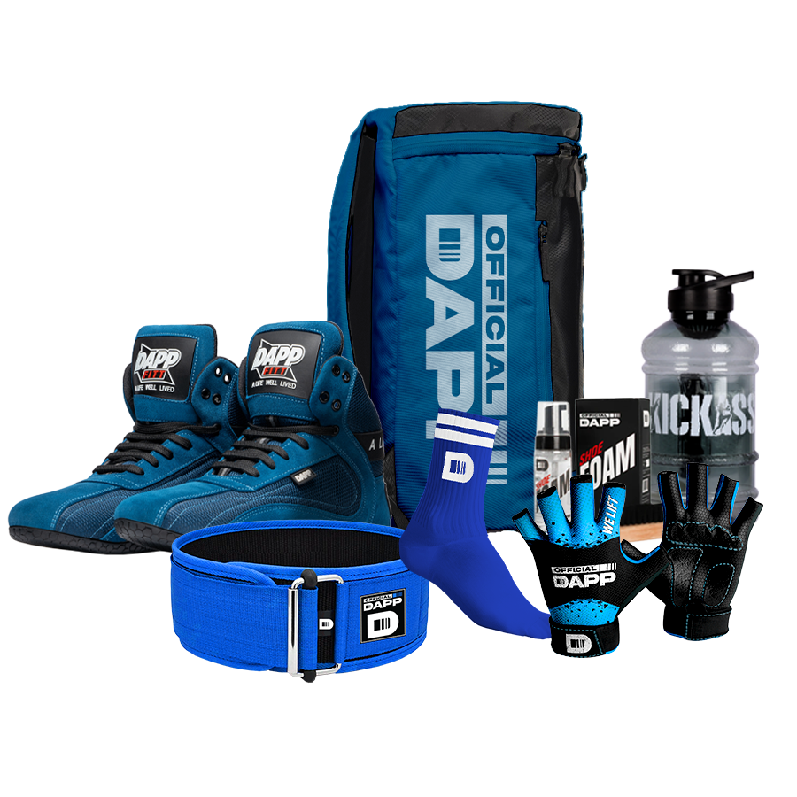 DAPP ActiveKit X Edition Blue – Weightlifting Shoes, Belt, Gloves, Bag, Socks, Foam Cleaner kit, Gallon