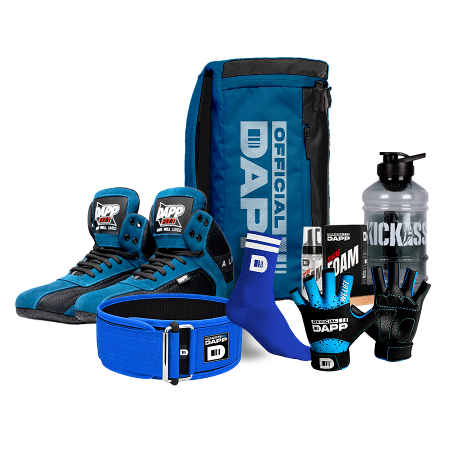 DAPP ActiveKit X Edition BlueBlack – Weightlifting Shoes, Belt, Gloves, Bag, Socks, Foam Cleaner kit, Gallon