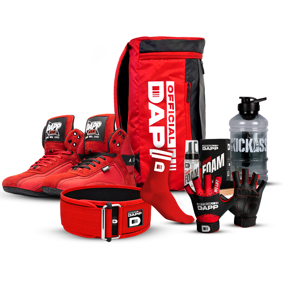 DAPP ActiveKit Red Edition – Weightlifting Shoes, Belt, Gloves, Bag, Socks, Foam Cleaner &amp; Shaker