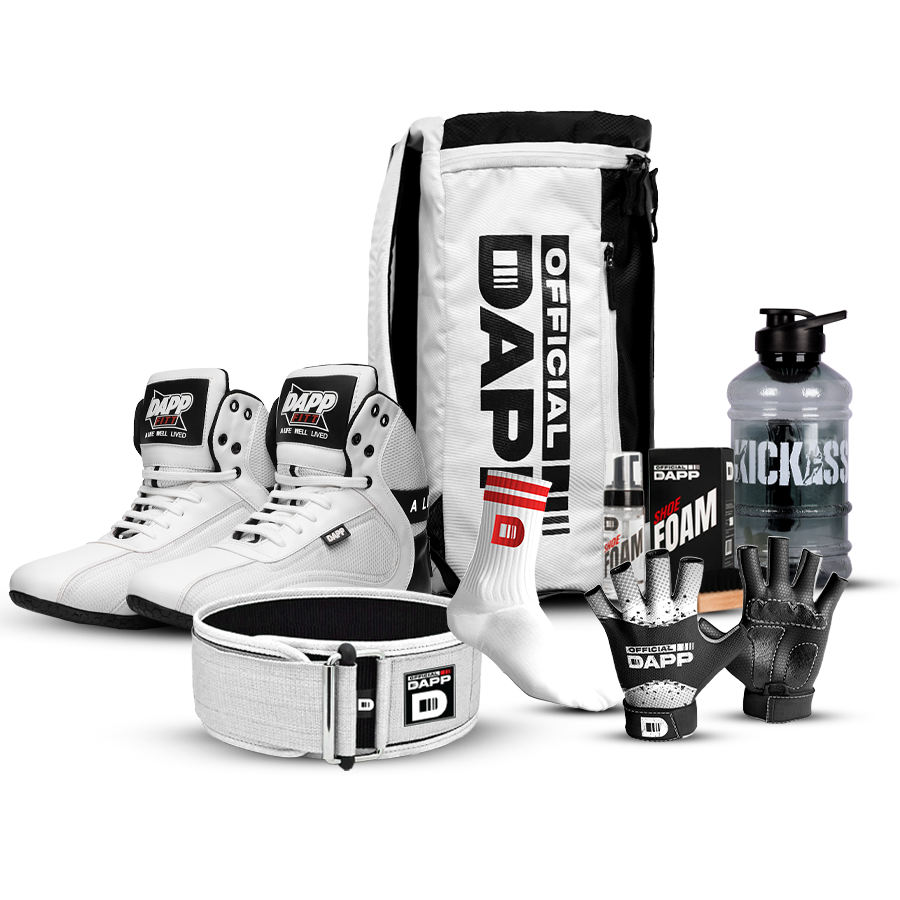 DAPP ActiveKit White Edition – Weightlifting Shoes, Belt, Gloves, Bag, Socks, Foam Cleaner kit, Shaker